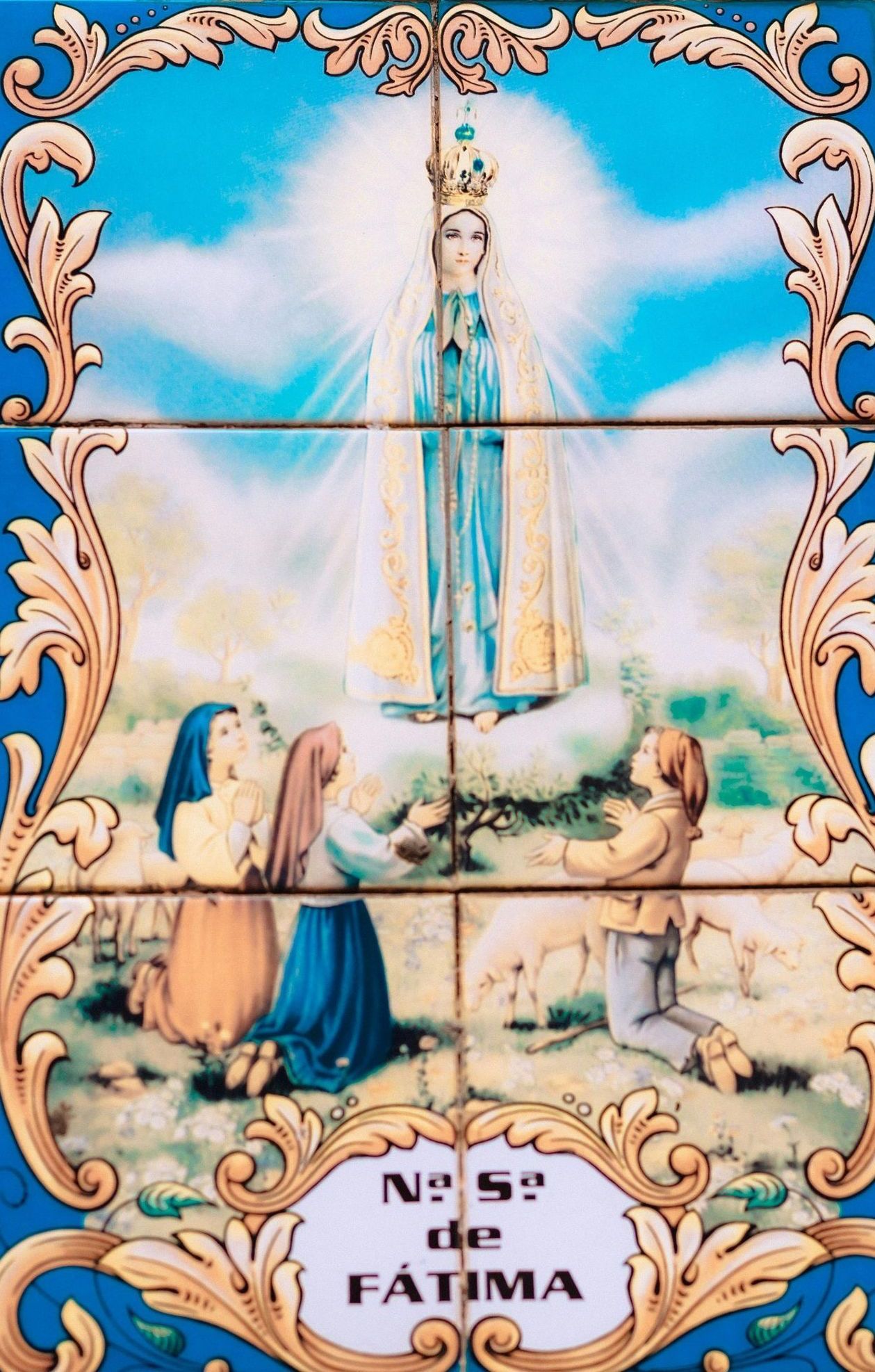 Our Lady of Fatima through a stained glass frame
