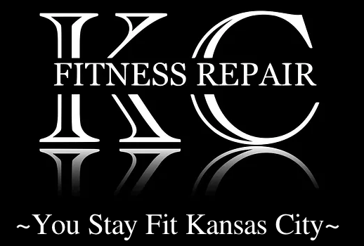 A black and white logo for a KC Fitness Repair company.