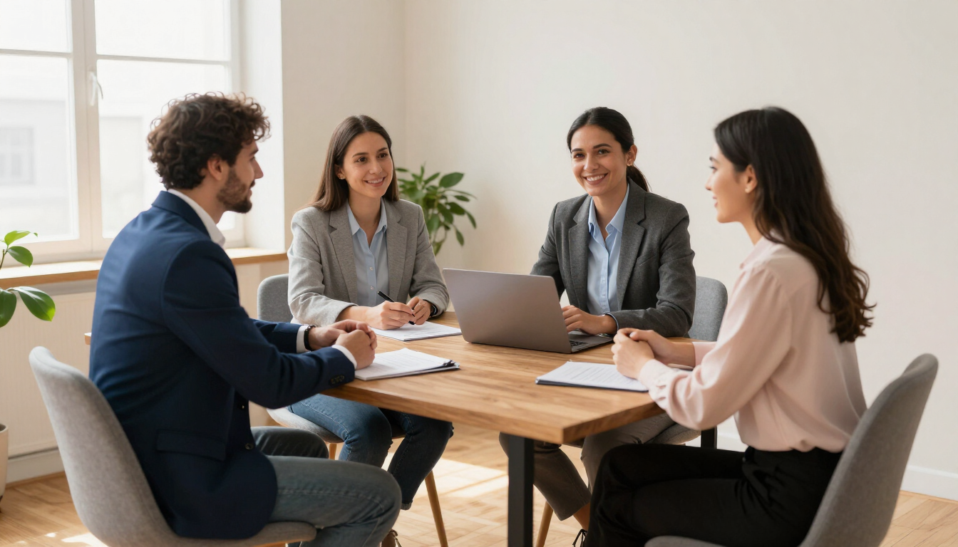Four coworkers in a bright office meeting around a laptop and papers, discussing work at a wooden table