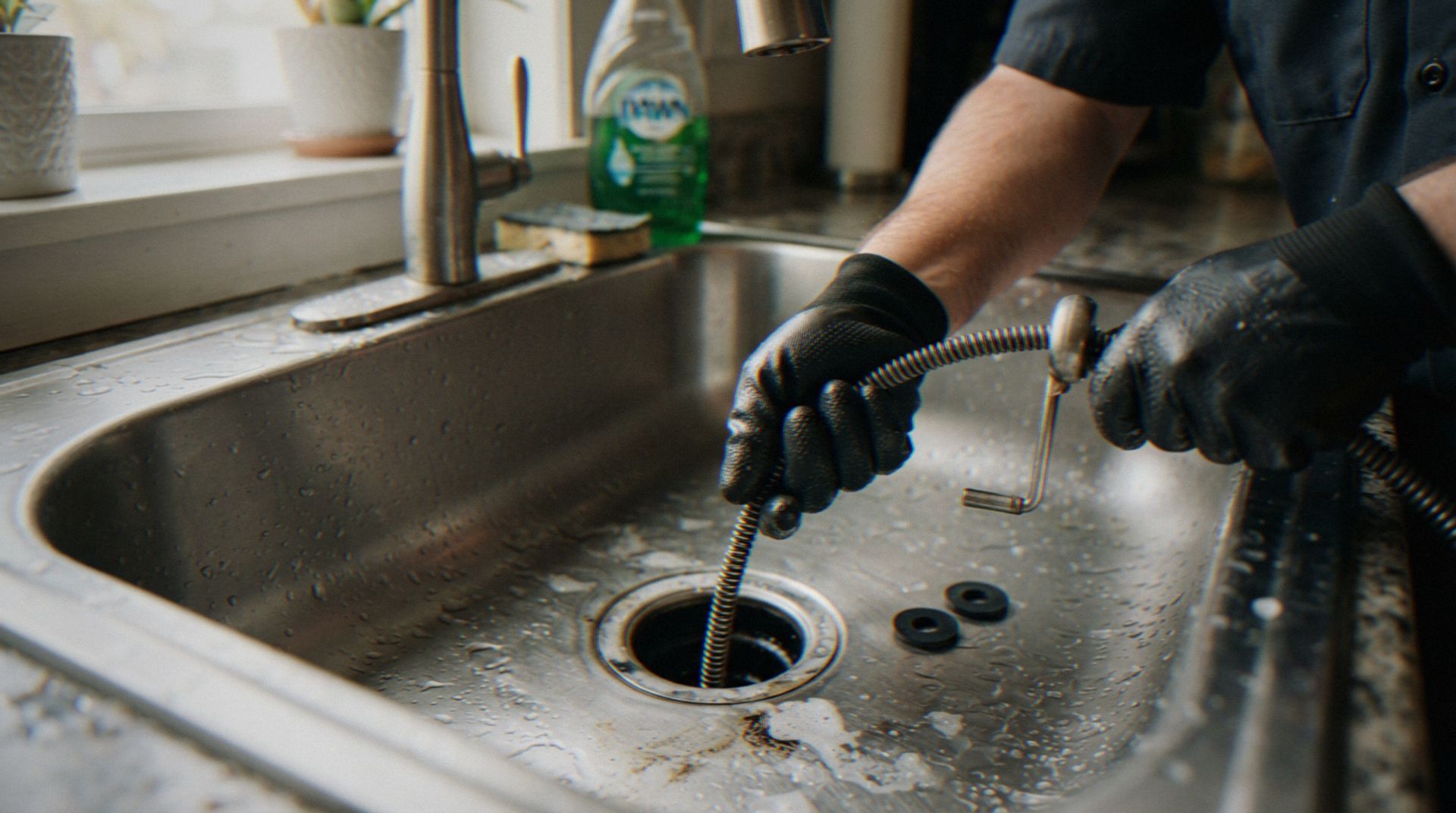 A plumber wearing protective gloves uses a drain snake to unclog a residential kitchen sink.