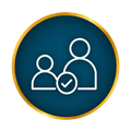 Blue circle icon with two user silhouettes and a check mark inside a gold border