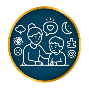 Child and adult counseling icon in a blue circle with gold border, surrounded by emotion symbols