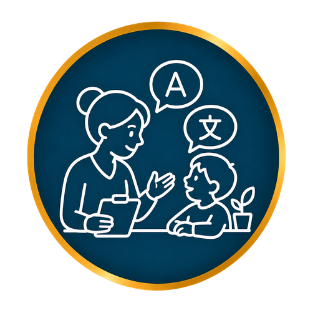 White line art of a tutor and child with speech bubbles on a blue circle, gold border