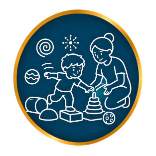 Blue-and-gold circular icon of an adult and child playing with toys and shapes