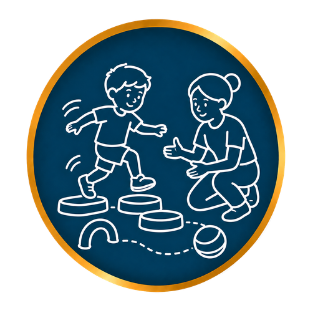 Two children playing balance game on stepping stones in a blue-and-gold circular icon.