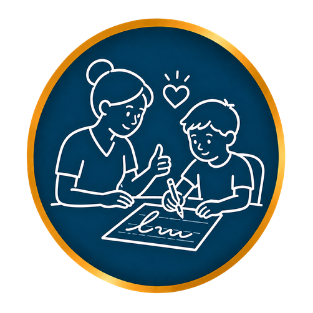 Adult and child signing a document together in a blue circle icon with an orange border