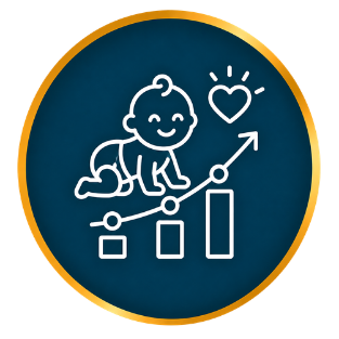 White baby crawling above rising bar chart and heart icon on blue circle with gold border