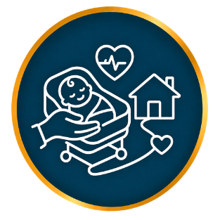 White line icon of a baby in a cradle, with heart, home, and health symbols on a teal circle with gold border