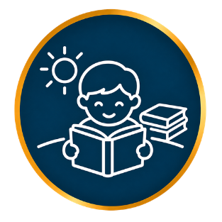 White line icon of a child reading a book on a blue circle with a gold border and sun symbol