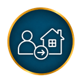White user and house icons with an arrow on a dark blue circle with a gold border