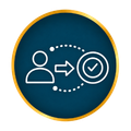 White user icon with arrow to checkmark in a teal and gold circle