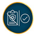White medical clipboard and shield icon beside a checkmark on a blue circle with gold border