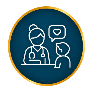 Doctor consulting with patient icon in white outline on blue circle with gold border