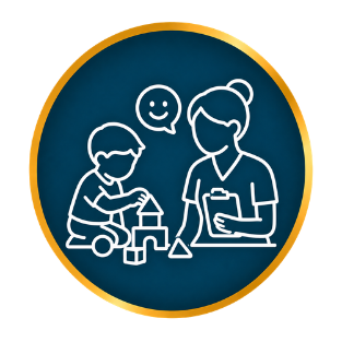 Child and adult playing with blocks, with a smiley speech bubble, in a blue and gold circular icon
