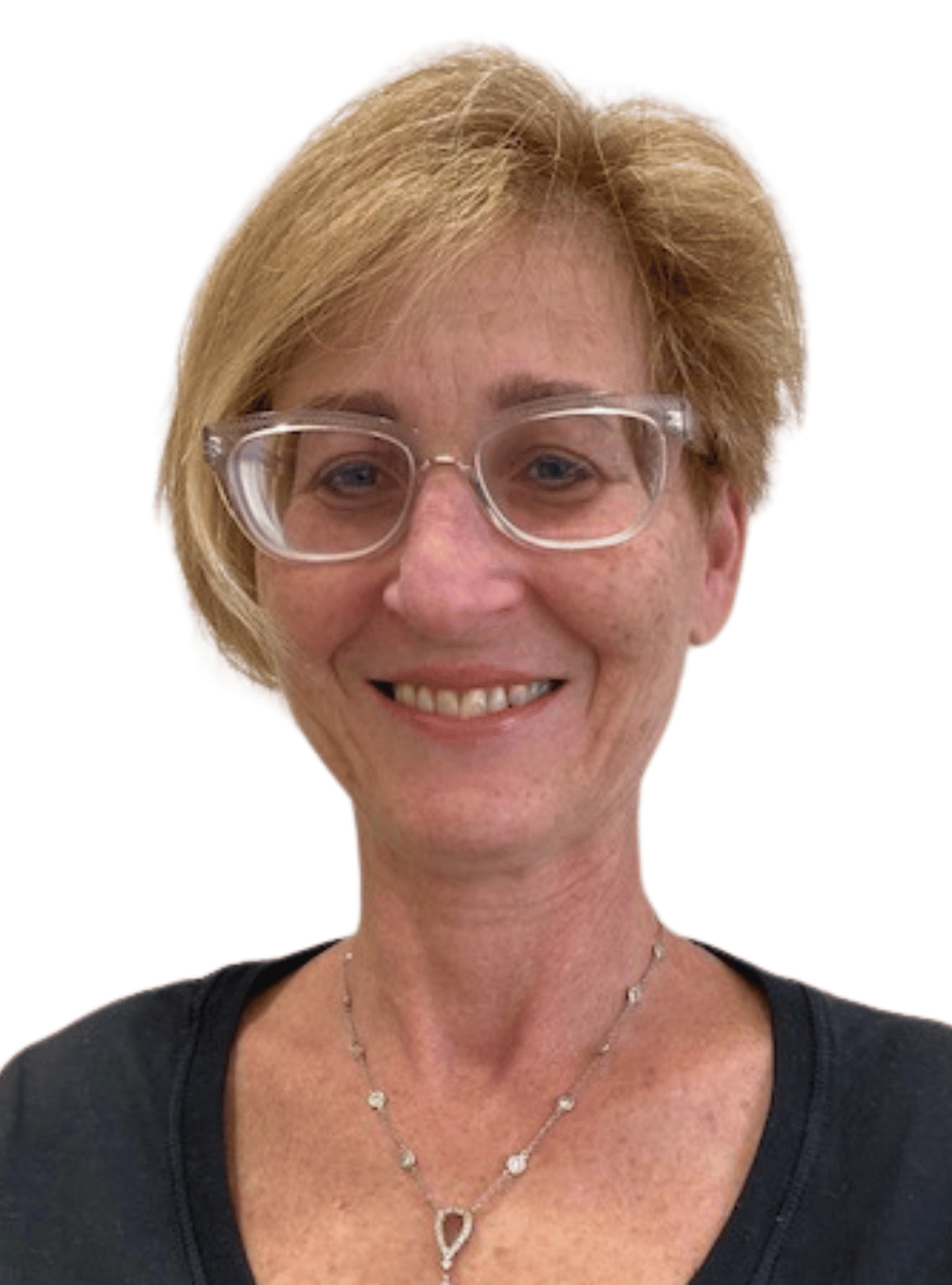 Smiling person with short blond hair and clear glasses on a white background