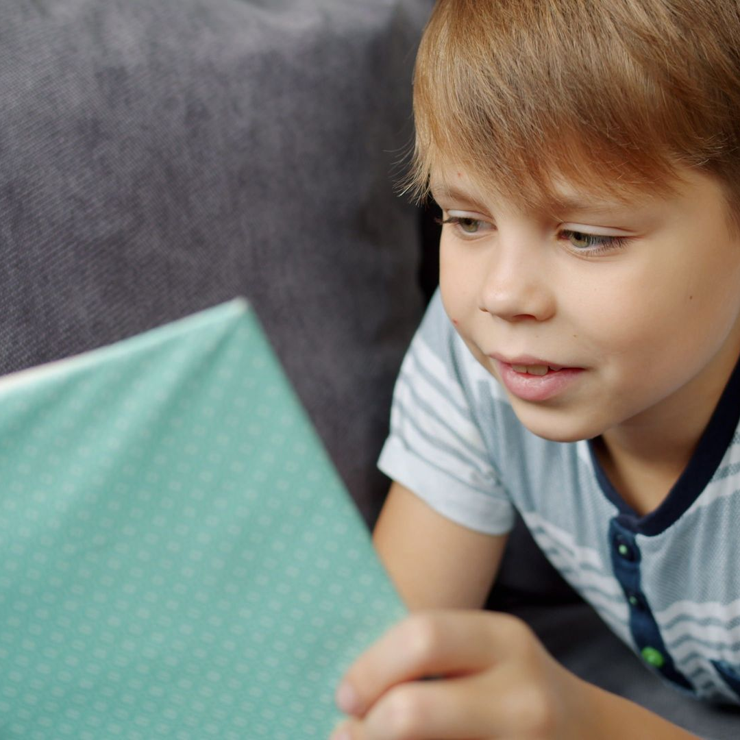 Young child reading a turquoise book, close-up on a gray couch