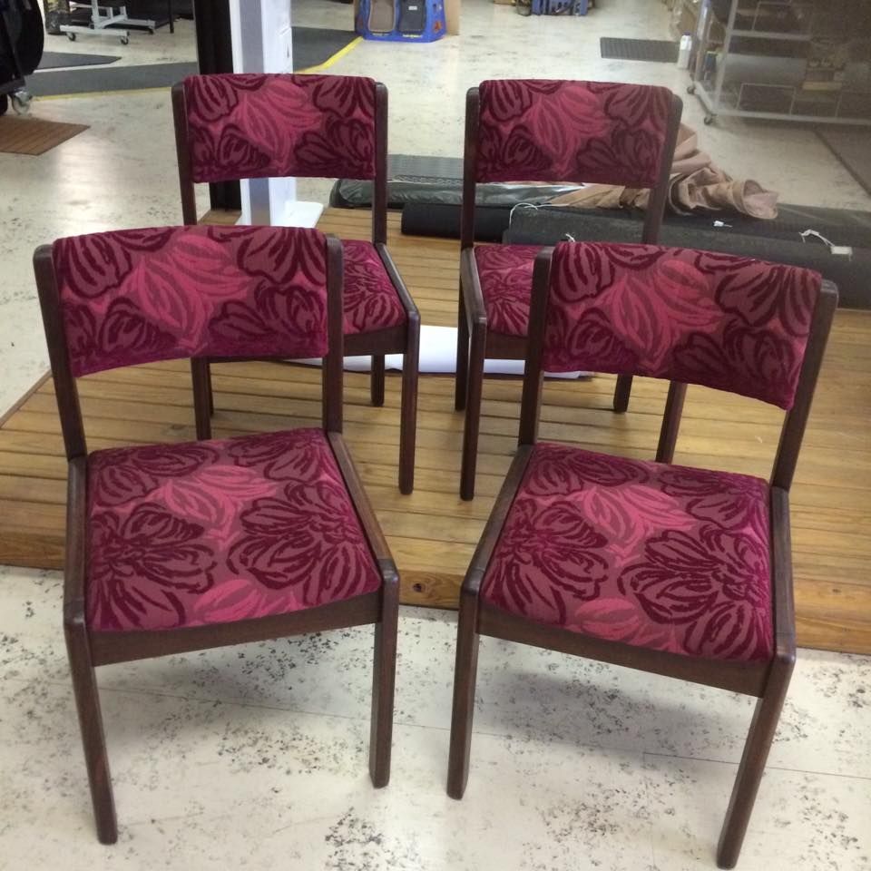 Four Chairs With a Purple Floral Pattern on Them — Dennys Upholstery & Outdoor Blinds In Lismore, NSW