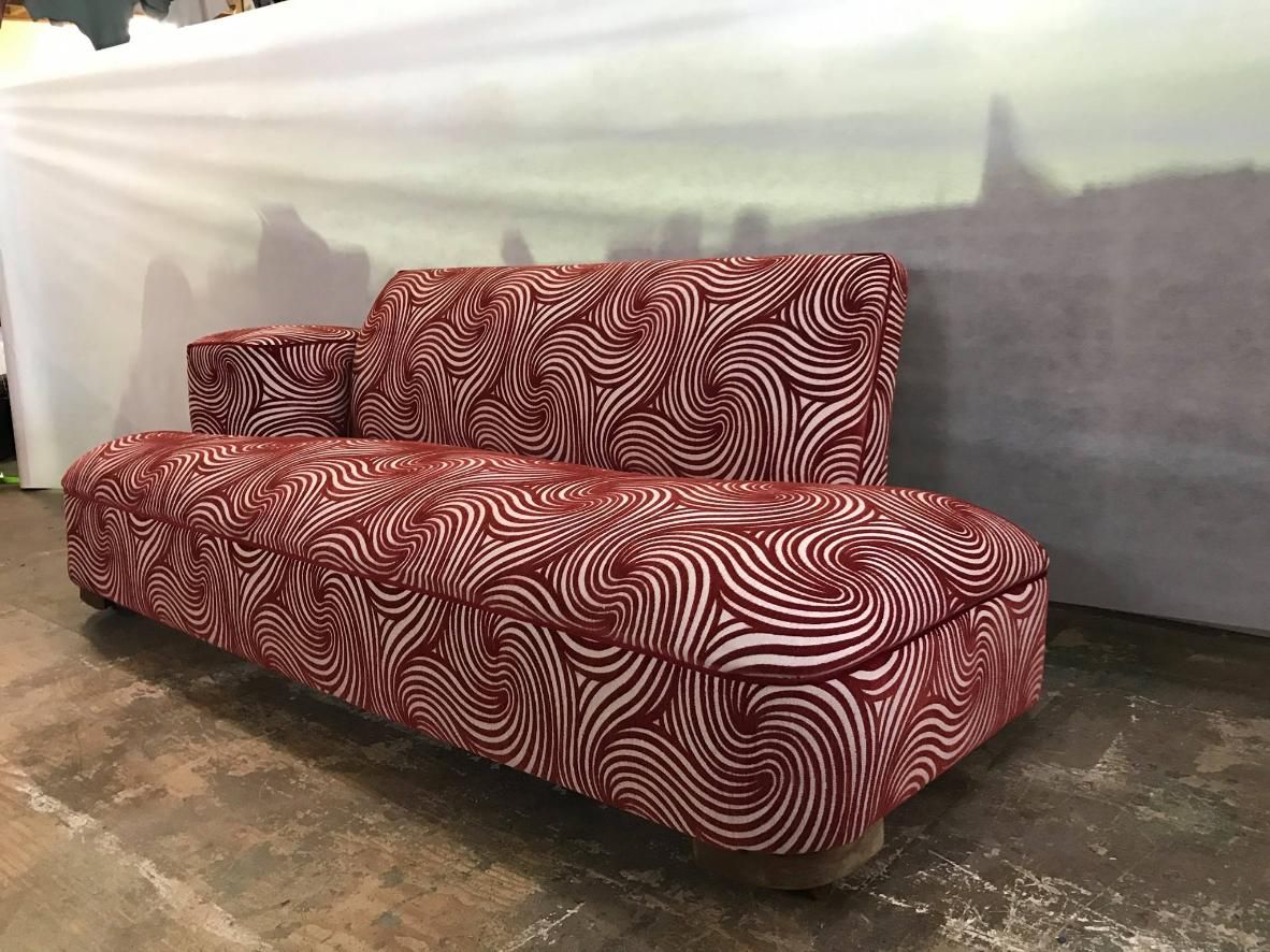 A Couch With a Zebra Print is Sitting on a Concrete Floor — Dennys Upholstery & Outdoor Blinds In Evans Head, NSW