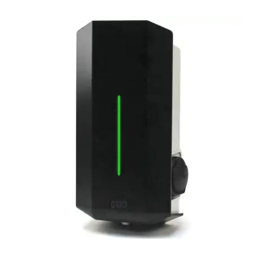 Black and white electric vehicle charger with a green vertical light.