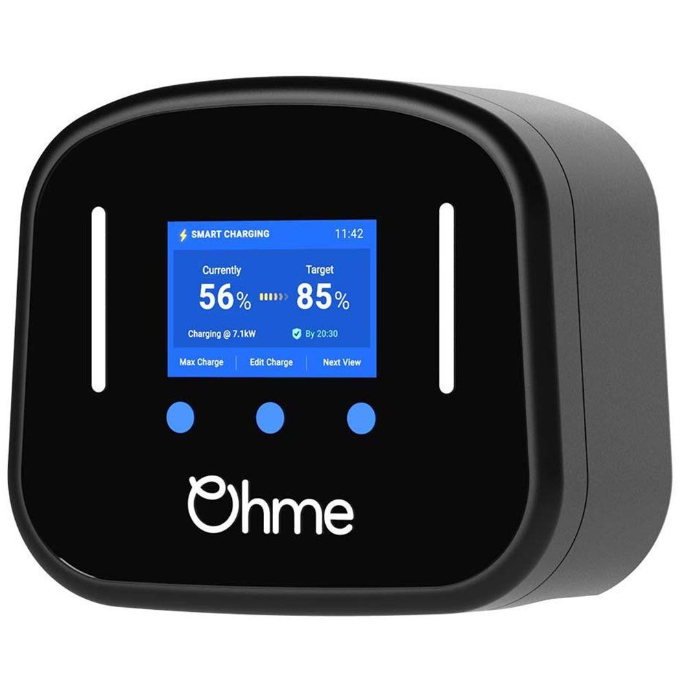 Black Ohme EV charger with blue display showing charge status and buttons.