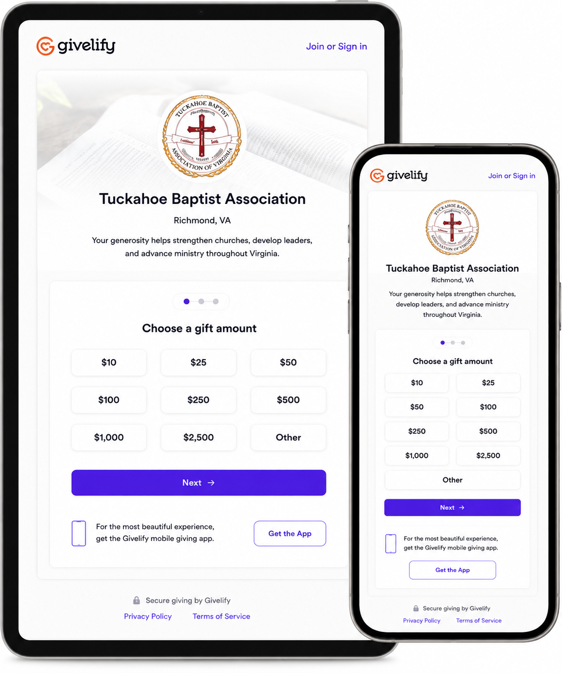 Tablet and phone showing a Givelify church donation page with logo, cross, and blue donate button