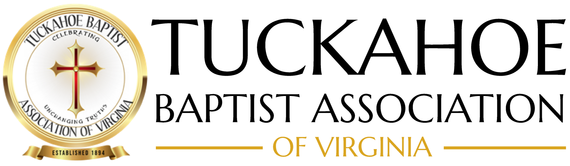 Tuckahoe Baptist Association of Virginia logo with gold seal and cross, black and gold text.