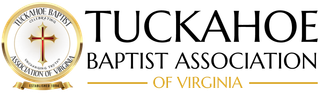 Tuckahoe Baptist Association of Virginia logo with gold seal and cross, black and gold text.