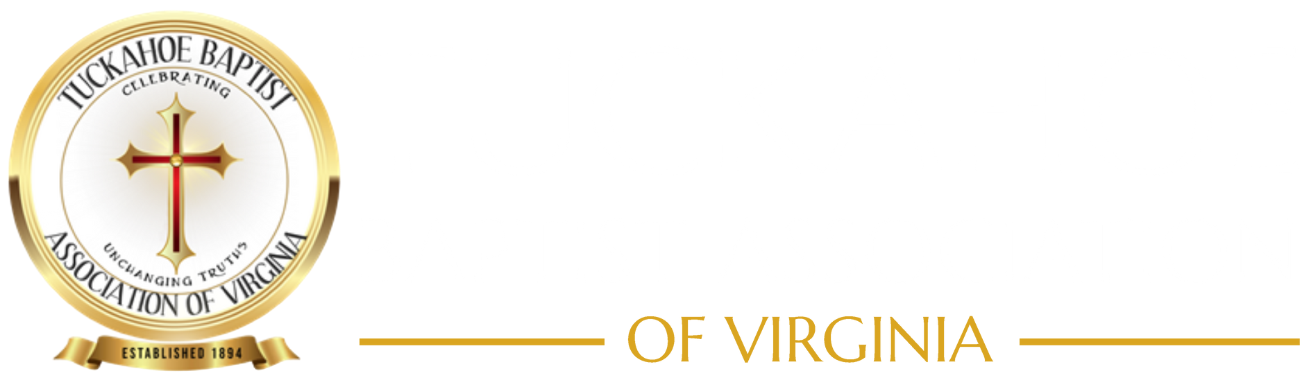 Gold circular church seal with cross and gold “OF VIRGINIA” text on white background