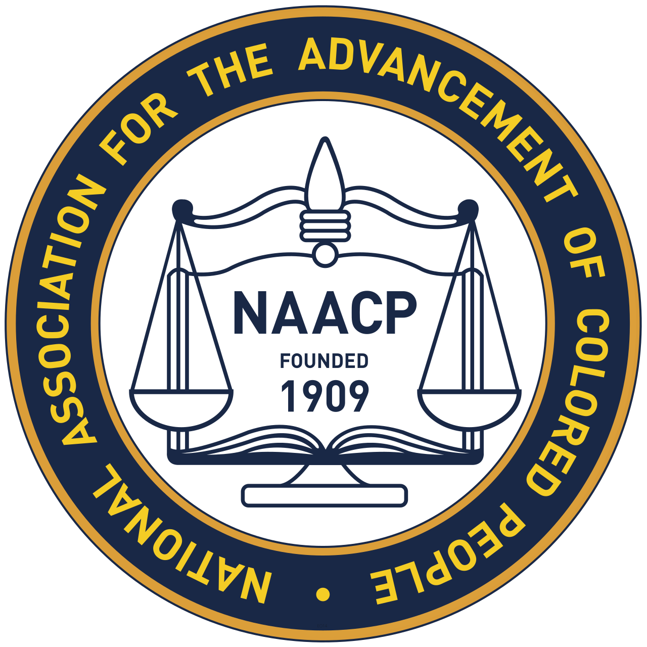 NAACP seal logo with scales of justice and “Founded 1909” on blue and gold border