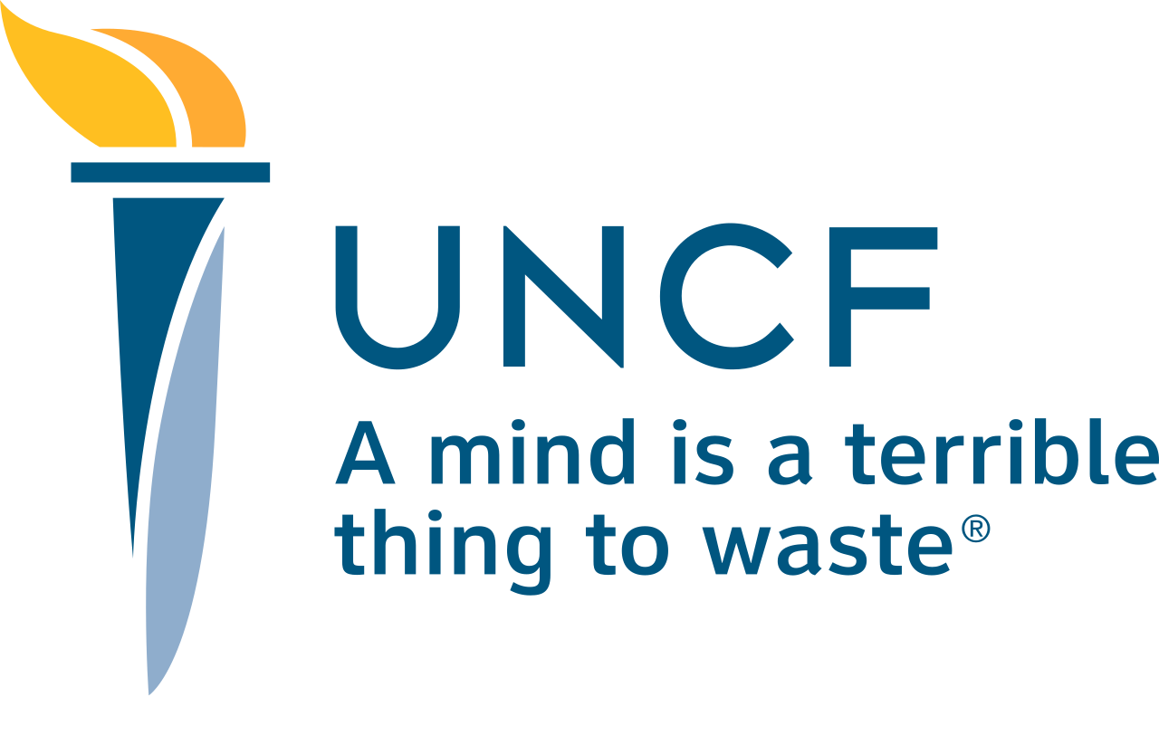 UNCF logo with blue torch and slogan, “A mind is a terrible thing to waste.”