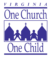 Virginia One Church, One Child logo in purple with churches and children holding hands