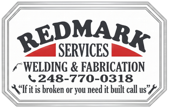 Redmark Services welding and fabrication sign with red, black, and gray text, phone number, and slogan