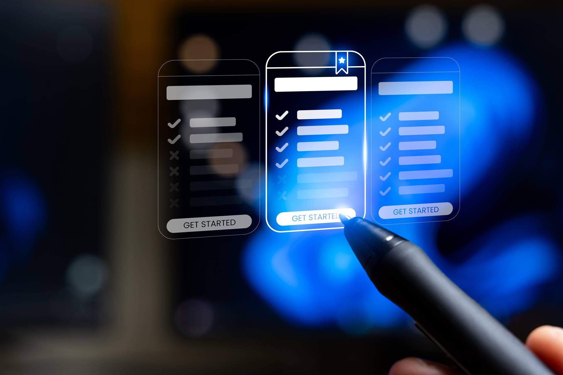 Finger tapping a glowing smartphone checklist interface with blue bokeh background