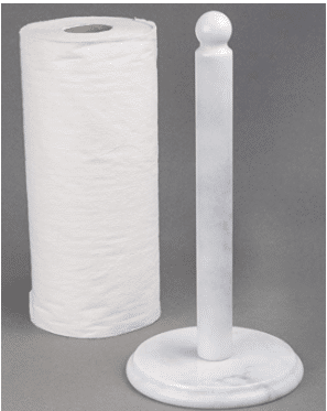 A white paper towel holder next to a roll of paper towels