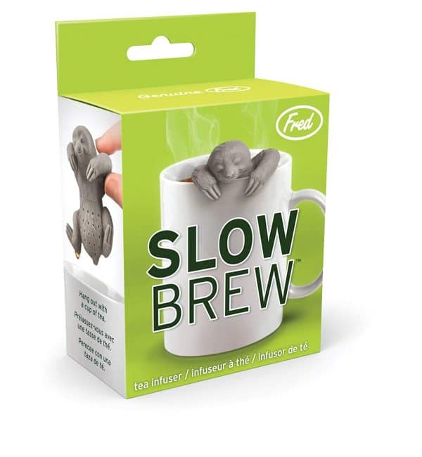 A box with a sloth in a mug that says slow brew