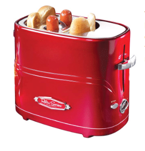 A red toaster with hot dogs and bread in it