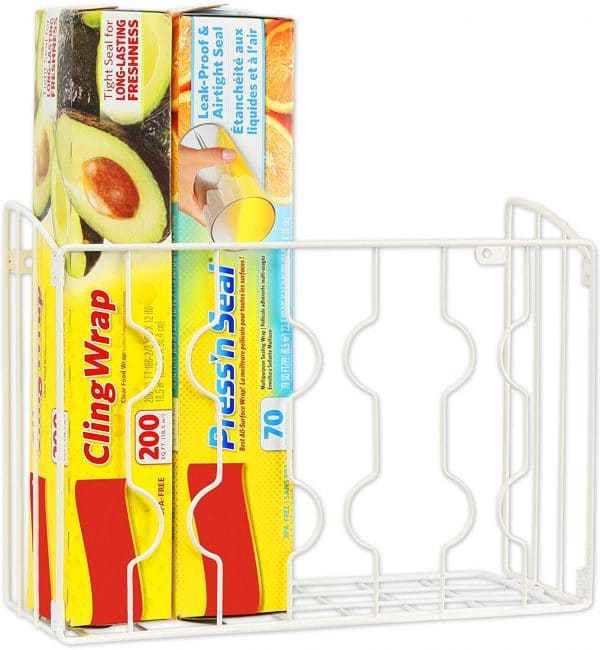 Two rolls of cling wrap are sitting in a wire rack