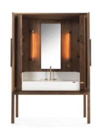 A bathroom vanity with a sink and a mirror