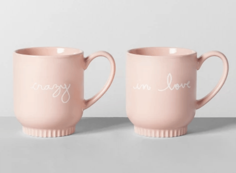 Two pink mugs with the words crazy in love written on them