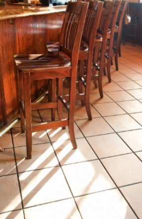 A row of wooden bar stools in a restaurant
