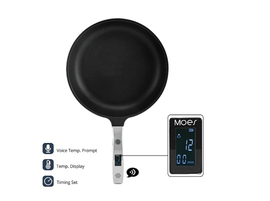 A frying pan with a thermometer attached to it