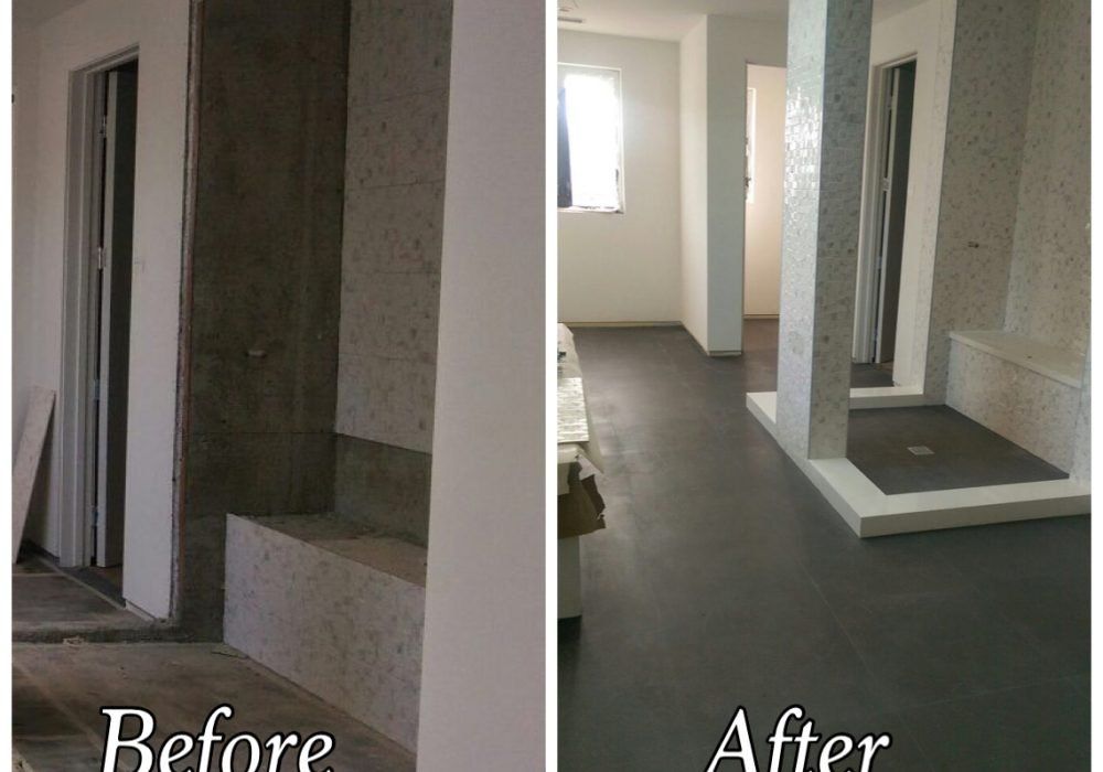 A before and after photo of a bathroom with a shower.