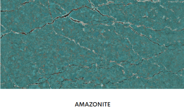 A close up of a blue marble tile with the word amazonite on it.