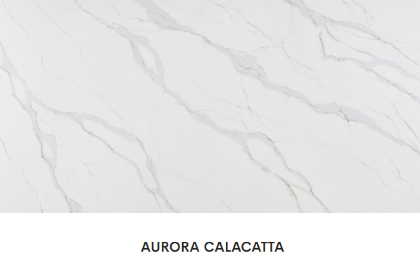 A white marble counter top with the name aurora calacatta on it.