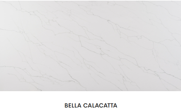 A close up of a white marble counter top with the name bella calacatta on it.