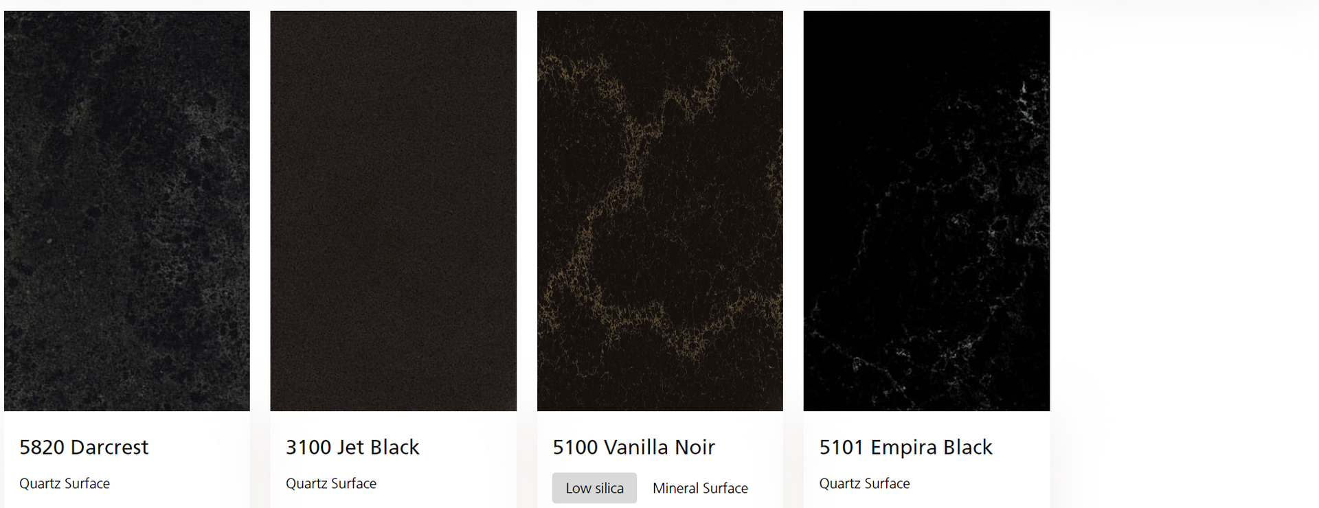 Four different types of black granite are shown on a website