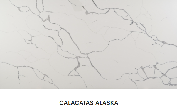 A close up of a slab of calacatas alaska marble
