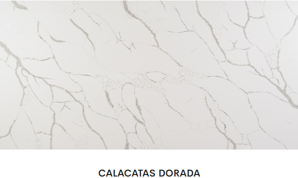 A close up of a white marble counter top with the words calacatas dorada on the bottom.