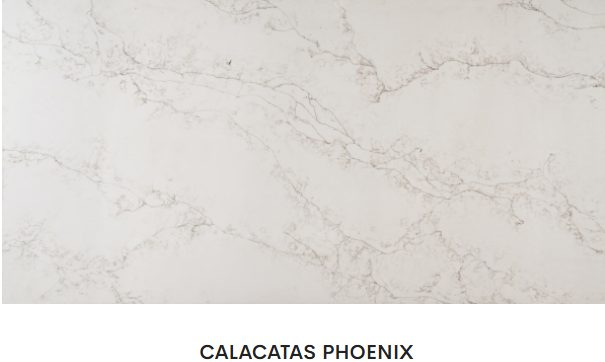 A close up of a white marble counter top.
