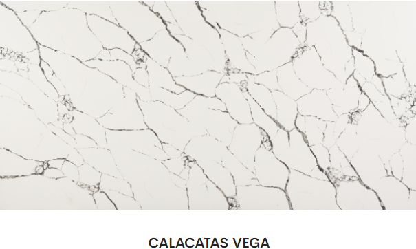 A close up of a calacatas vega marble counter top